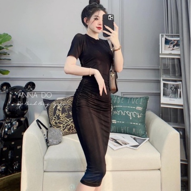 Váy Body Đen Dúm Hông Dáng Dài Tay Cộc Đầm Ôm Bó Chất Bozip