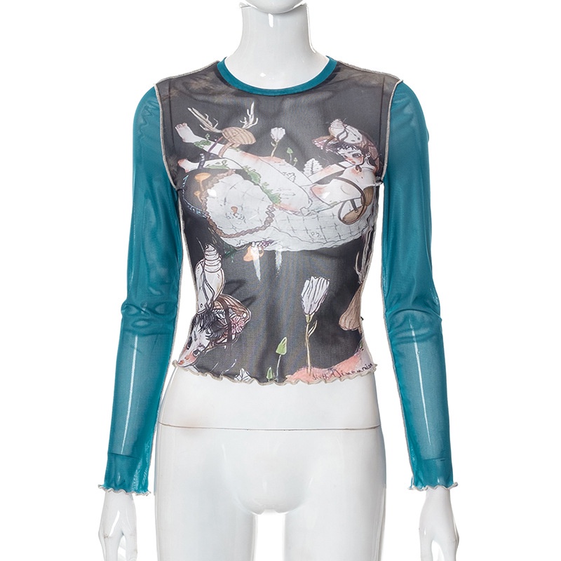 DUNEA Áo thun tay dài phối lưới in họa tiết xinh xắn thời trang cho nữ