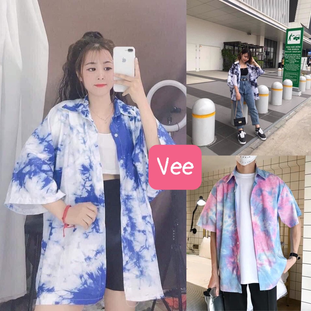 Áo sơ mi cộc tay họa tiết loang nhiều màu dáng rộng unisex/ Áo sơ mi nam nữ cổ bẻ tay lỡ phom thụng ulzzang_veestore