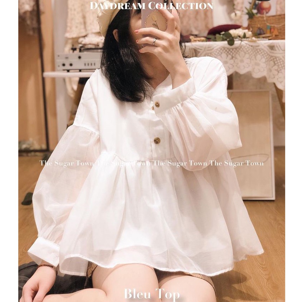 Áo babydoll voan tơ tay bồng nút giả gỗ cực xinh cho nữ, phong cách Hàn Quốc (ảnh thật)- Hàng có sẵn