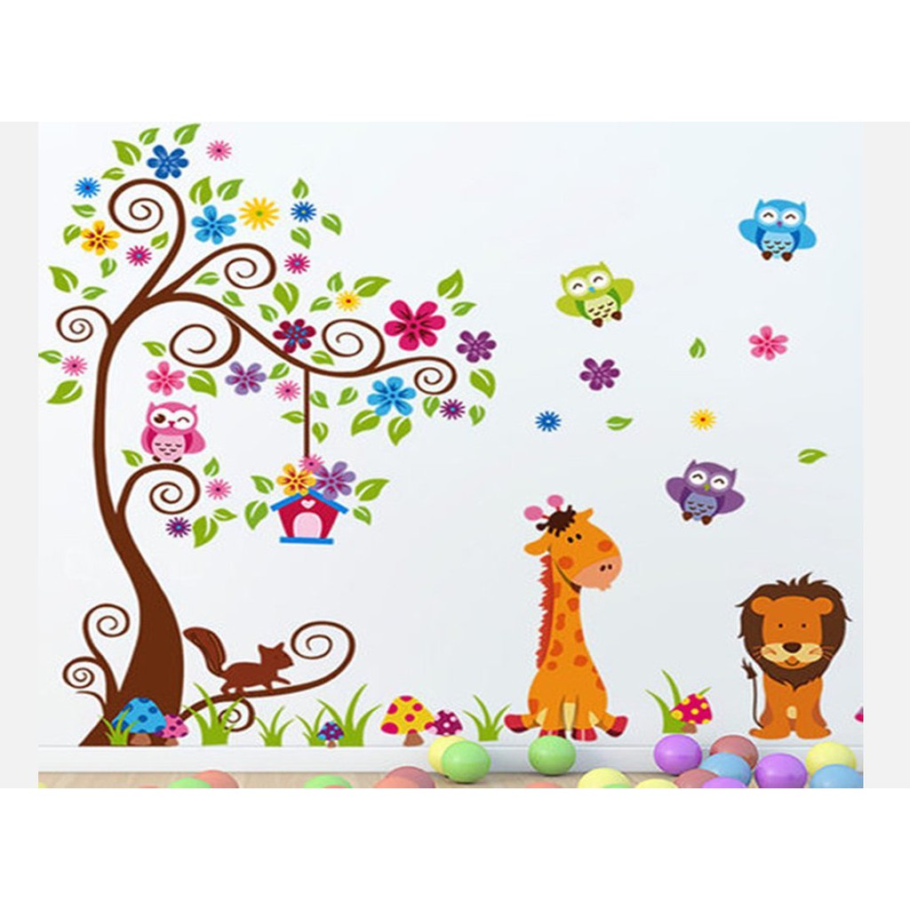 Decal dán tường cây và thú cho bé (vườn thú size to) T107