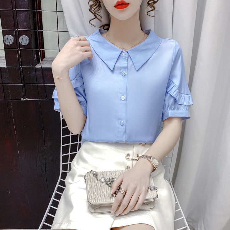 Áo Sơ Mi Voan Tay Ngắn Cổ Bẻ Phối Bèo Màu Xanh Dương Thời Trang Mùa Hè Cho Nữ 0K6I