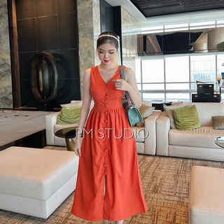 Đầm cổ V sát nách cúc bọc đai eo