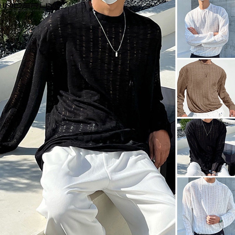 Áo thun INCERUN lưới chui đầu dáng rộng cổ tròn họa tiết kẻ sọc màu xuyên thấu thời trang cho nam