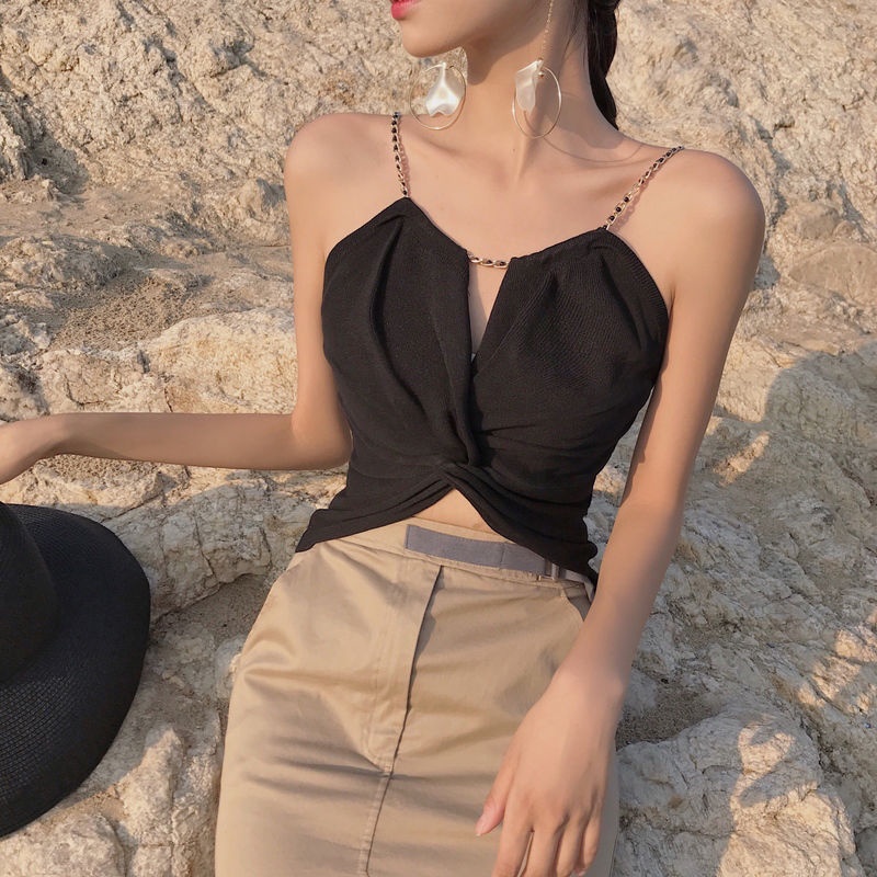 Áo không tay dáng ôm phối dây xích thời trang mùa thu Hàn Quốc 2020 mới cho nữ