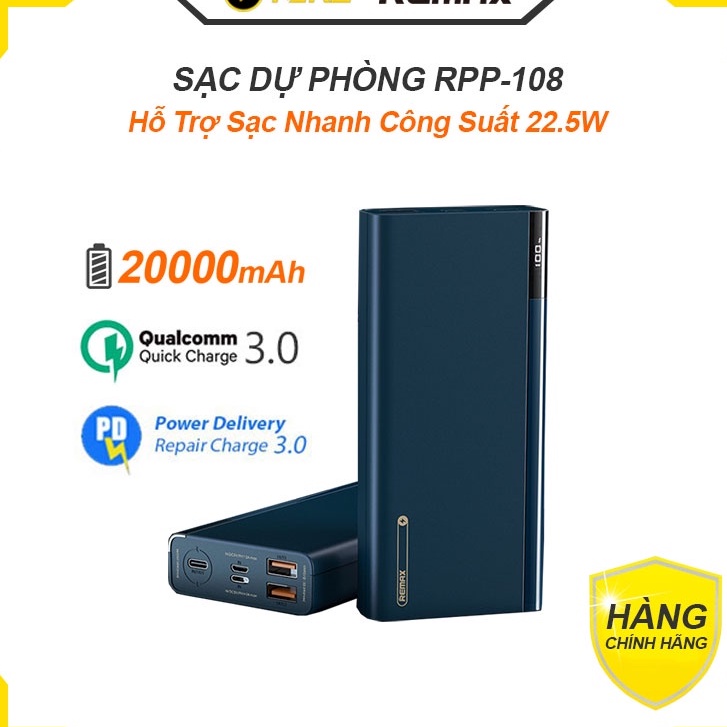 Pin Sạc Dự Phòng Remax RPP-108 20000mAh Lõi Pin Polyme, Hỗ Trợ Sạc Nhanh Lên Đến 22.5W, Quick Charge C3.0, PD3.0