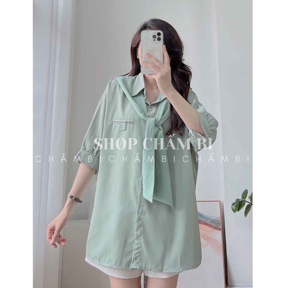 Áo sơ mi style Hàn Quốc A.333, Áo kiểu cộc tay cổ khăn quàng phong cách đơn giản ngọt ngào - Thời trang shop Chấm Bi