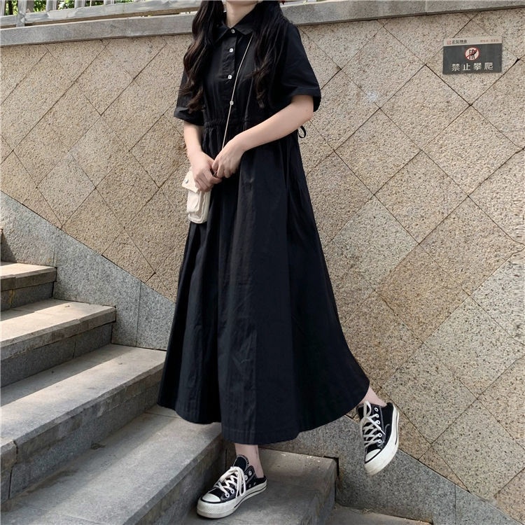Đầm tay ngắn cổ POLO eo cao màu đen phong cách Hàn Quốc thời trang mùa hè cho nữ
