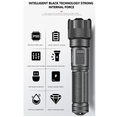 đèn pin siêu sáng XHP50 pin lithium 8650 6800mah với zoom, chức năng chống thấm nước, đèn pin cầm tay
