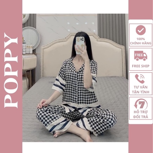 Đồ ngủ pijama nữ hàn quốc lụa LATIN đẹp,Đồ bộ nữ quần dài cao cấp Bộ mặc nhà nữ POPPY-ZICZAC