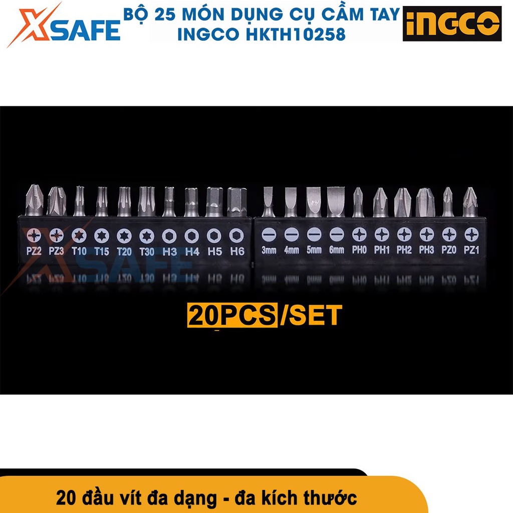 Bộ 25 dụng cụ cầm tay INGCO HKTH10258 gồm 2 kềm,1 mỏ lết,1 thước cuộn,1 chuôi và 20 mũi vít [chính hãng][xsafe]