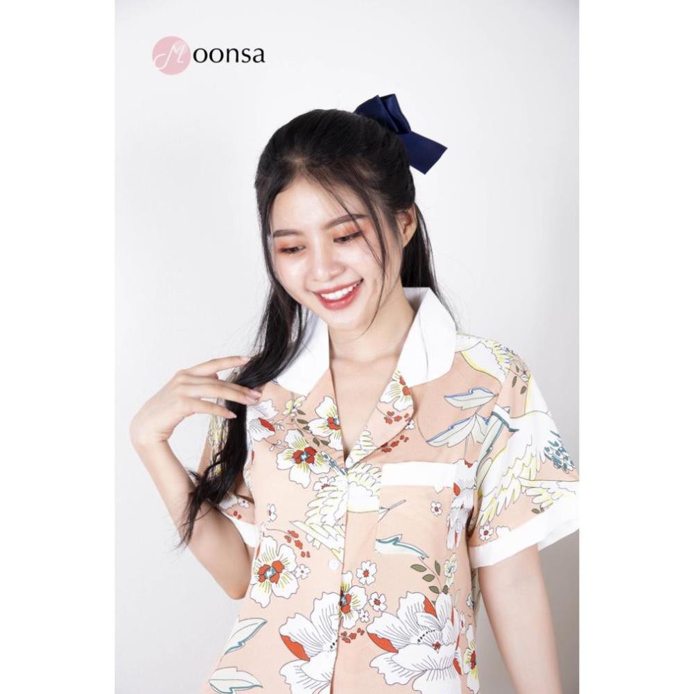 [Mã WARN60 hoàn 15% xu đơn 300k] Bộ đồ ngủ Pijama Lụa Họa Tiết Con Cò Quần ngắn cao cấp [Moonsa] | BigBuy360 - bigbuy360.vn