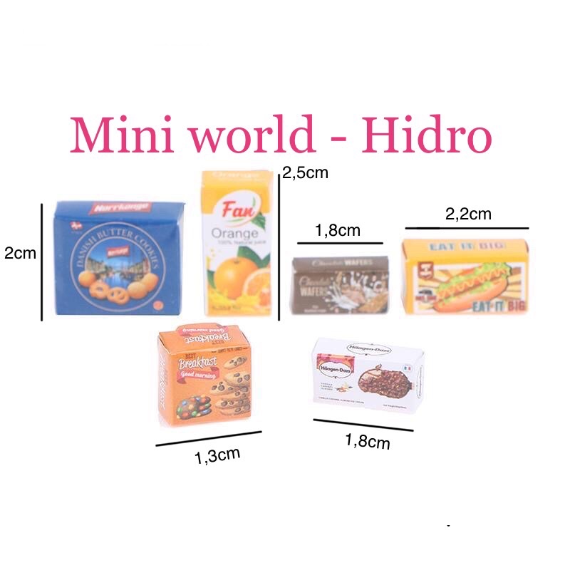 Combo hộp bánh kẹo nước cam bánh mì đồ hộp mini mô hình tí hon dùng cho trang trí nhà búp bê Barbie, BJD tỉ lệ 1/8, 1/12