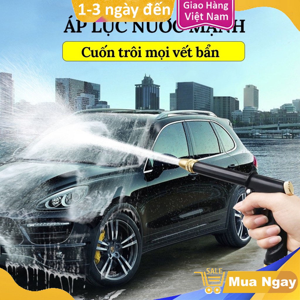 Vòi xịt tăng áp rửa xe tưới cây áp lực cao có thể điều chỉnh áp lực nước tặng 3 đầu chuyển đổi và ống nước dài 10m