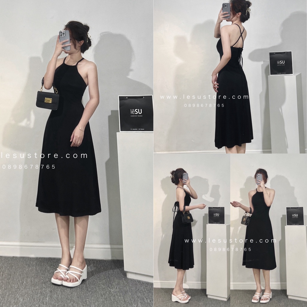 ẢNH TỰ CHỤP Đầm yếm thun trơn xoè đan dây lưng LESU