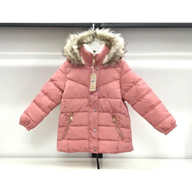 Áo phao dáng dài trần bông mũ lông, cổ lông, khóa túi bé gái size  5/6-13/14, cho bạn từ 25-50kg. Chất phao siêu đẹp
