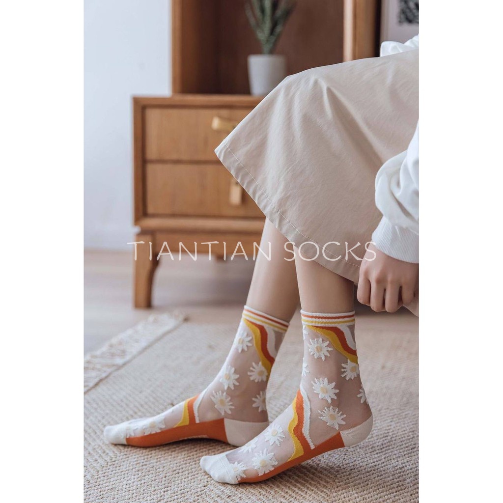 TIAN TIAN T039 Vớ tất trong suốt họa tiết hoa cúc phong cách Nhật Bản
