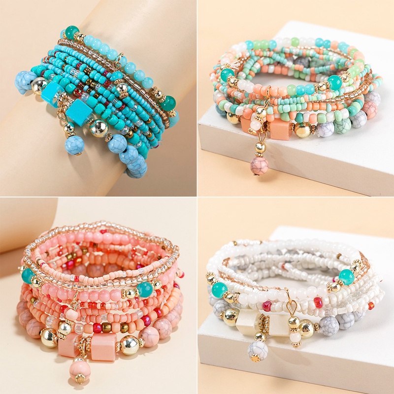 Vòng Tay Chuỗi Hạt Đá Ngọc Lam Tự Nhiên Phong Cách Boho Thời Trang Cho Nữ
