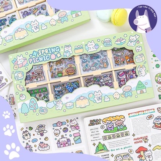 Set 10 tấm sticker/nhãn dán chủ đề spring picnic chất liệu pet pvc họa tiết nổi bật dễ thương