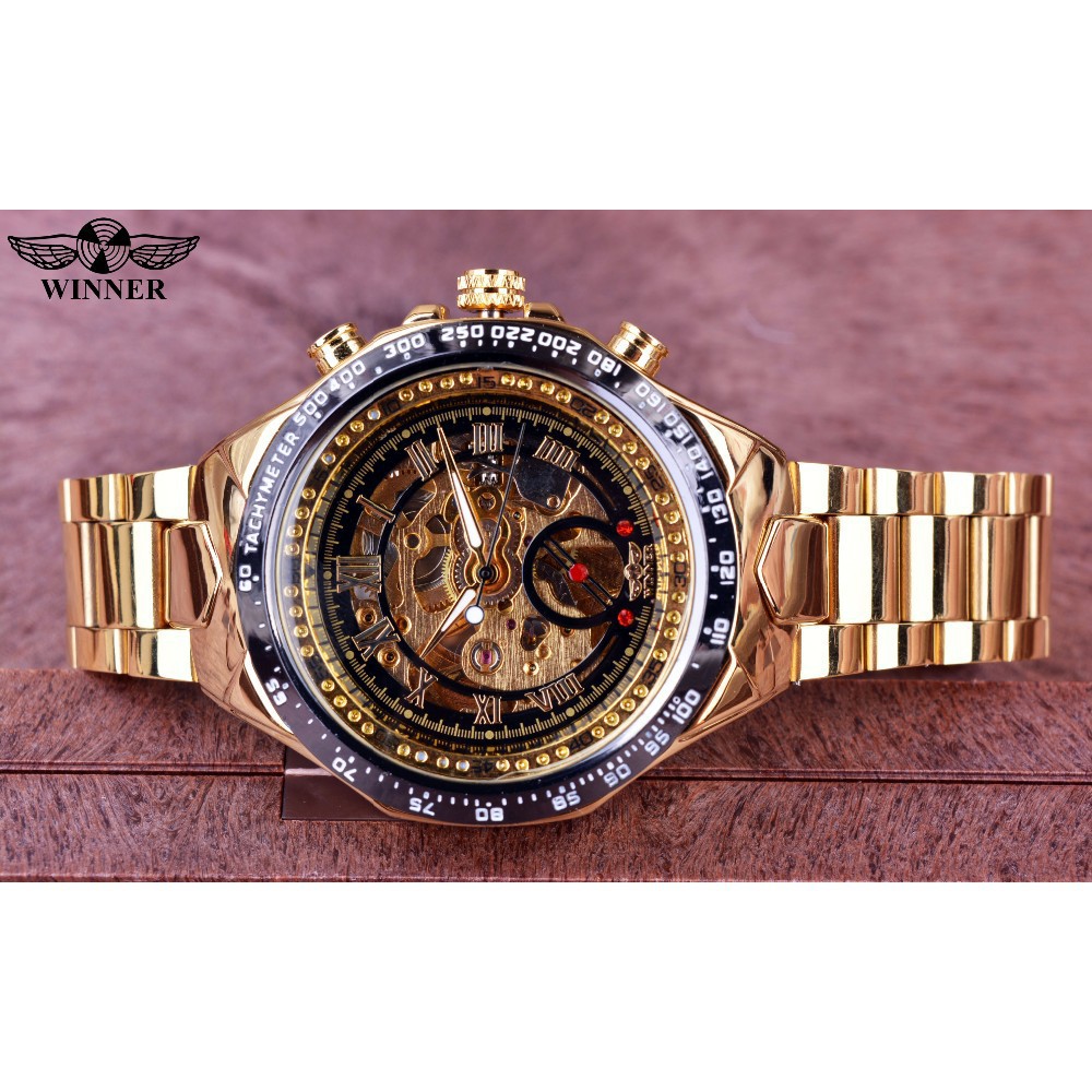 [Freeship đơn từ 150K] Đồng hồ nam Winner TM432 cơ lộ máy dây thép không gỉ - Full Vàng Đen | BigBuy360 - bigbuy360.vn