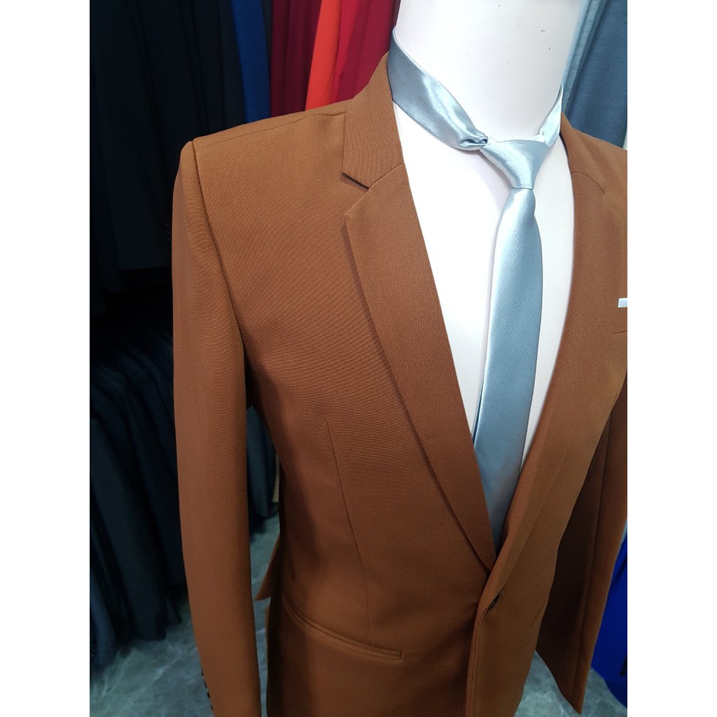 Bộ vest nam form ôm body màu đồng đậm chất vải dày mịn co giãn + cà vạt nơ