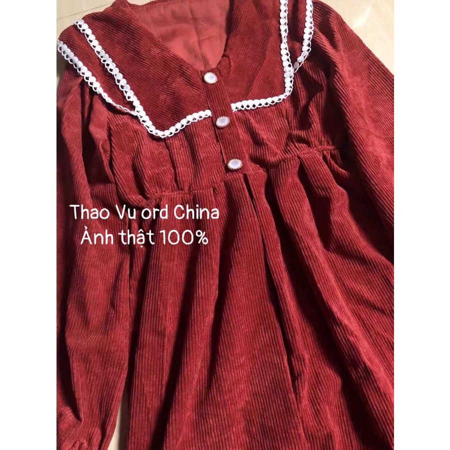 Váy đầm dự tiệc nhung tăm chất dày dặn hai màu đỏ cam đen giáng sinh diện Tết thu đông