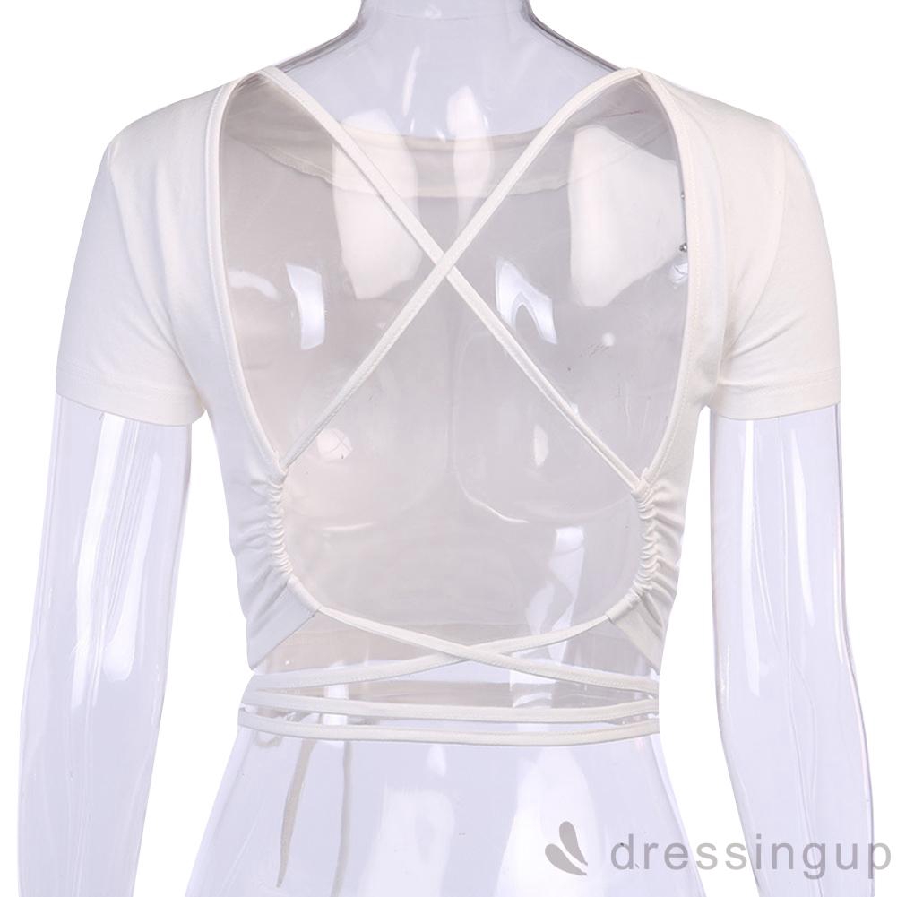d❃♪Women´s round neck short-sleeved short back hollow bandage top | BigBuy360 - bigbuy360.vn