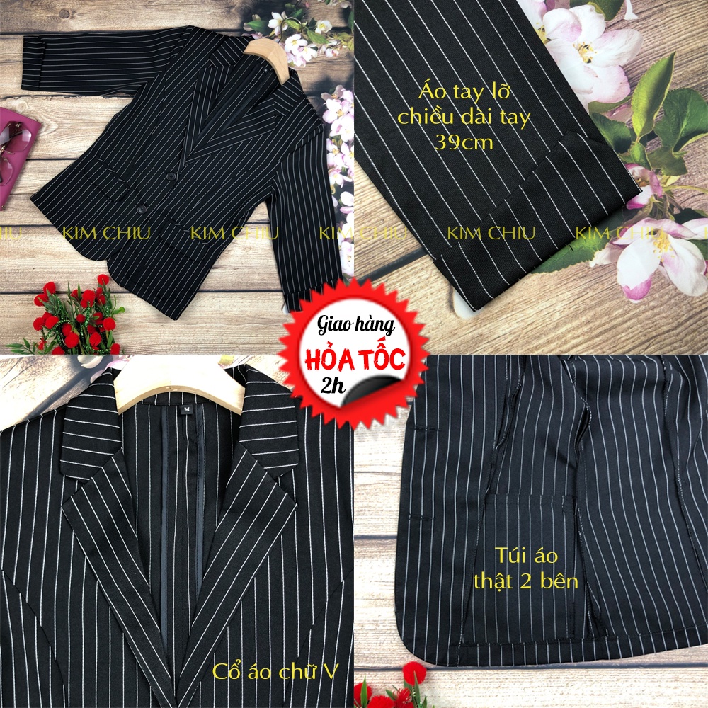Áo Vest Nữ Cao Cấp Kim Chiu Tay Lỡ Màu Đen Sọc Kẻ, Vải Kaki Mềm Form Chuẩn, Đẹp Từng Đường Kim Mũi Chỉ VTL-04