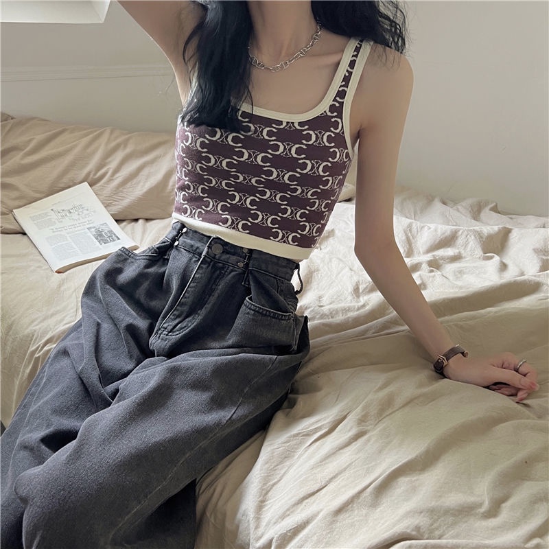 Áo Dệt Kim Hai Dây Dáng Ngắn Phong Cách Thời Trang Hàn Quốc