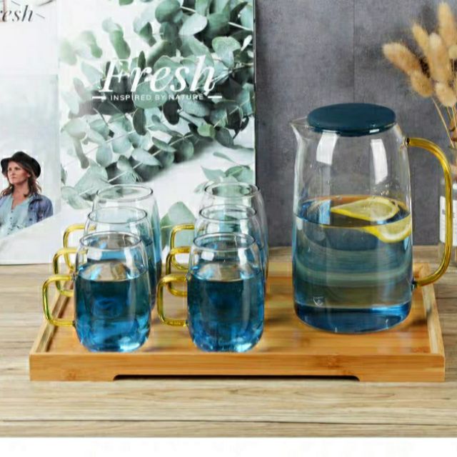 Combo bộ thủy tinh xanh đại dương 1 bình 4 cốc kèm 1 khay gỗ dầy