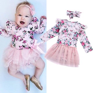 ⓗღ✯Newborn Baby Girls Floral Lace Pageant Tutu Lace Romper Headband 2Pcs Set Outfit