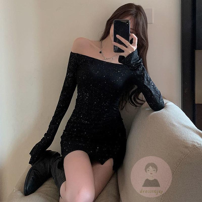 DRE-Women Wrap Slit Dress, Black Off-the-shoulder Long Sleeve Bodycon Dress with Rhinestone, S/ M/ L/ XL/ XXL