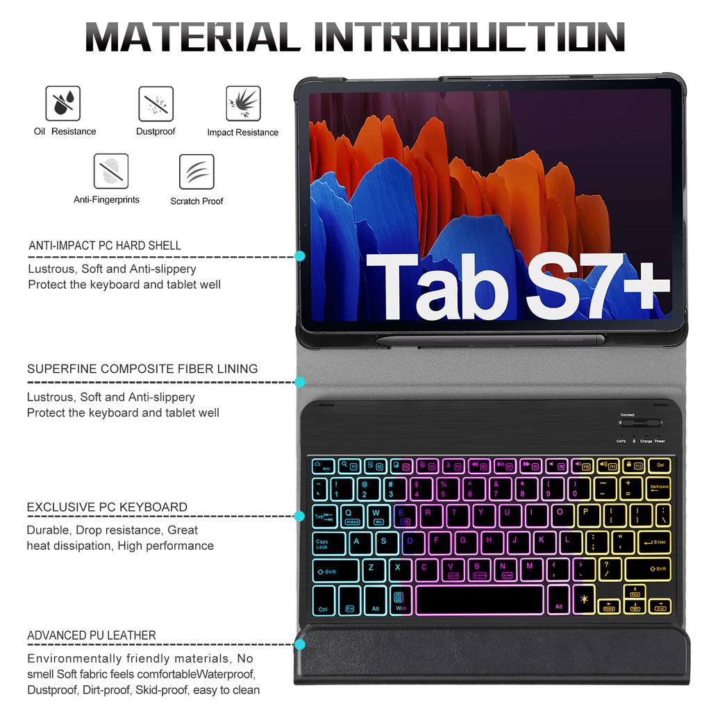 Hộp đựng bàn phím Samsung Galaxy Tab S7 plus 2020 SM-T970 / T975 / T976 Hộp đựng bàn phím Bluetooth không dây thông minh Hộp đựng máy tính bảng 12,4 inch (có khay đựng bút)