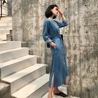 [Nhập WASIPN giảm 30K cho đơn 150K] Đầm denim dáng dài cột eo thanh lịch thời trang