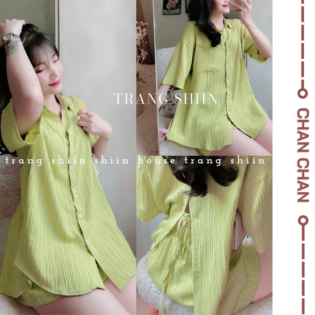 Set Áo Sơ Mi Kèm Quần Short Buộc Nơ Sau Màu Xanh Bơ