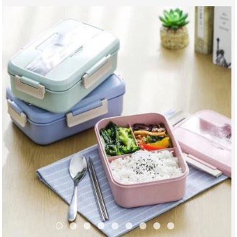 Hộp cơm, hộp đựng thức ăn 3 ngăn nhựa lúa mạch kèm đũa thìa inox (ảnh thật)