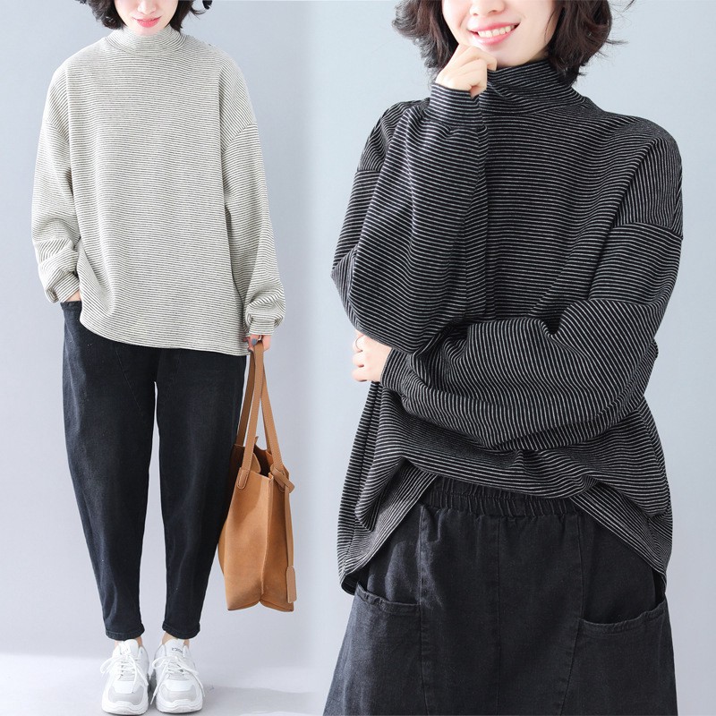 [HÀNG CAO CẤP]  Áo nỉ kẻ cổ cao dáng dài thu đông 🍁Áo len nỉ kẻ cổ 3 phân tay bồng sẵn 5 màu | BigBuy360 - bigbuy360.vn