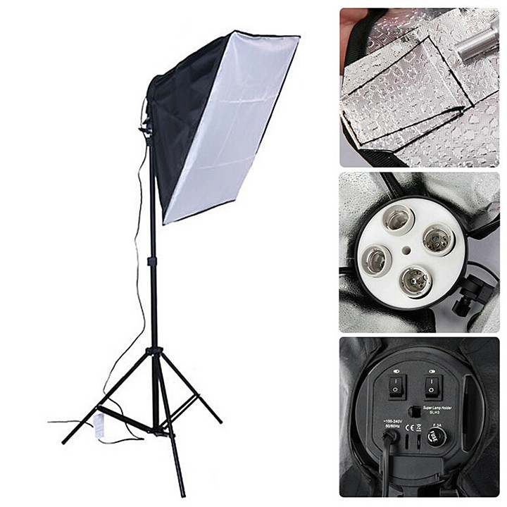 Softbox đuôi sứ 4 chuôi 50 x70cm - 04 bóng đèn Led 360 độ 28W - Chân đèn cao 2m