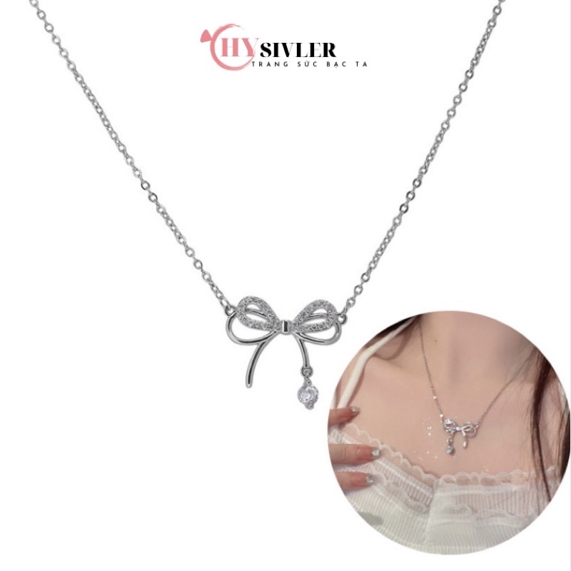 Dây chuyền bạc ta nơ kép nạm đá đính đá rơi nữ tính dây chuyền nữ bạc thật