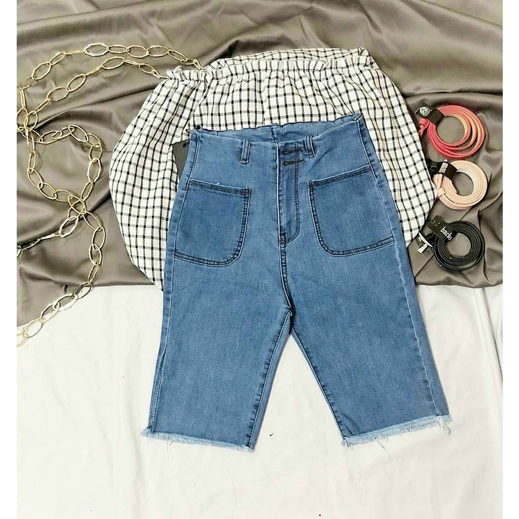 [Ảnh mộc] Quần jean ngố lửng 2 nút 2 túi trươc hàng cao cấp Quảng Châu