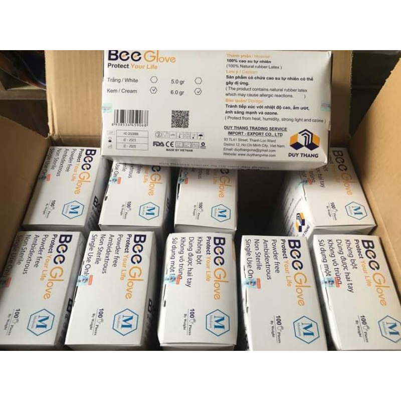 Găng Tay Bee Latex Không Bột Màu Kem Trắng - Bao Tay Y Tế Hộp 100 Chiếc=50 Đôi