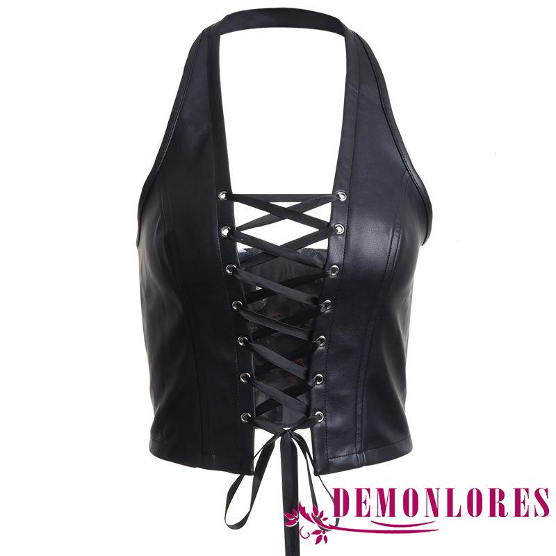 Áo croptop không tay chất liệu da pu thiết kế màu trơn thanh lịch