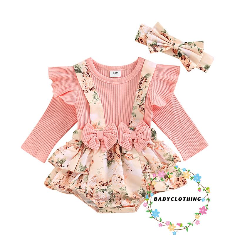 Set 2 Món Áo Thun Tay Dài & Váy Yếm In Hoa & Băng Đô Quấn Đầu Cho Bé Gái