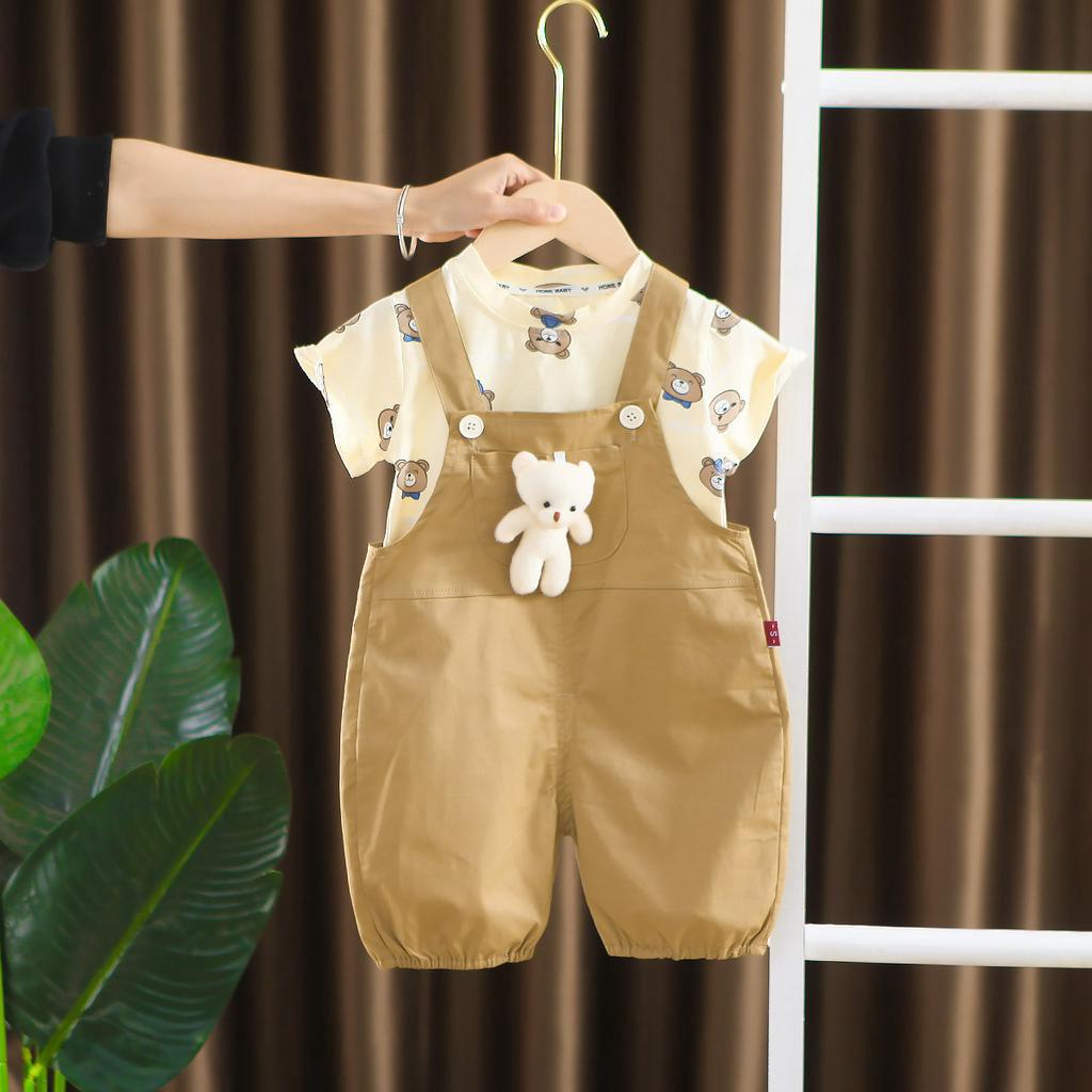 Set quần yếm cho bé phối áo thun MINTSCLOSET Mint's Closet yếm nâu gấu bông bé trai và bé gái 1 2 3 4 5 tuổi - YE5116