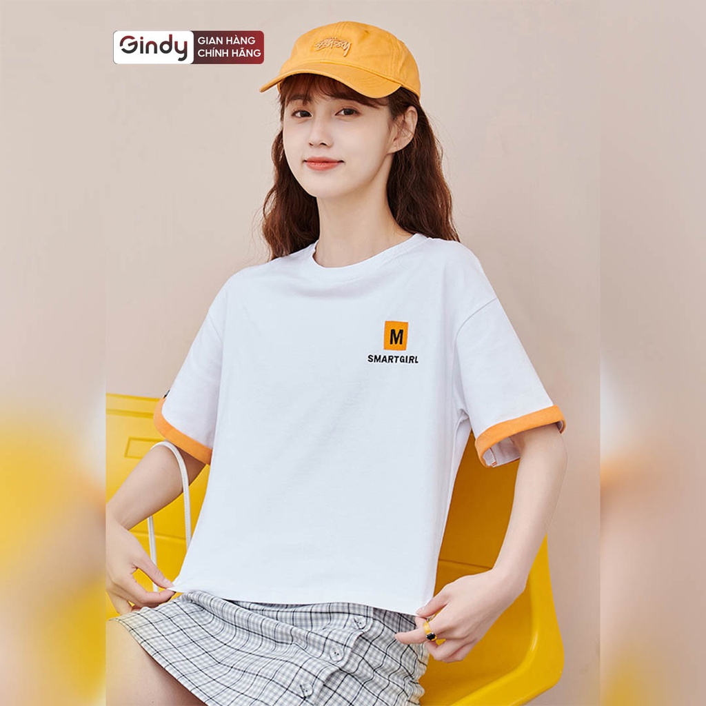 Áo thun nữ tay lỡ GINDY dáng lửng Smart unisex basic cổ tròn vải cotton thoáng mát phong cách Hàn Quốc A6175