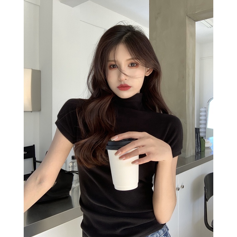 QKOOLE Áo thun cotton tay ngắn cổ cao phong cách Hàn Quốc cho nữ