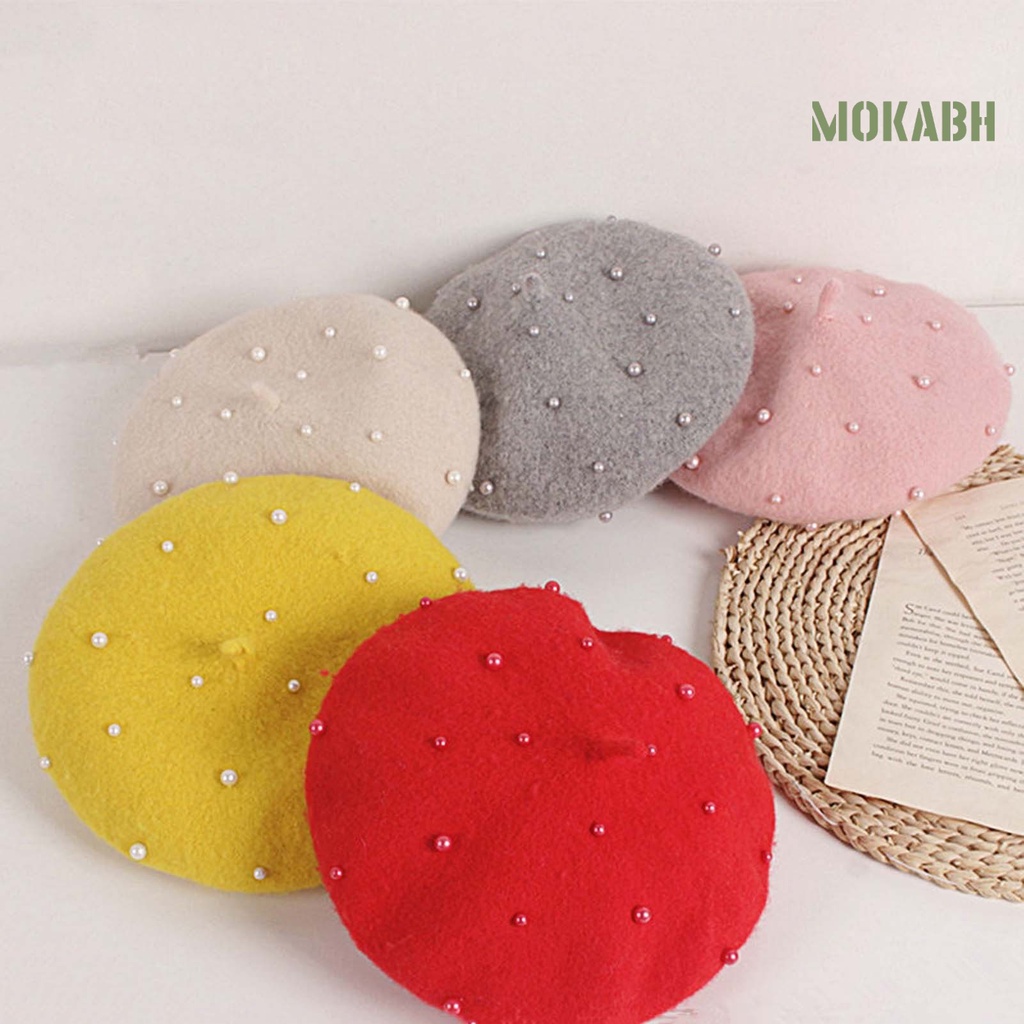 Mũ Beret Đính Ngọc Trai Giả Màu Sắc Trơn Ấm Áp Thời Trang Cho Bé Gái