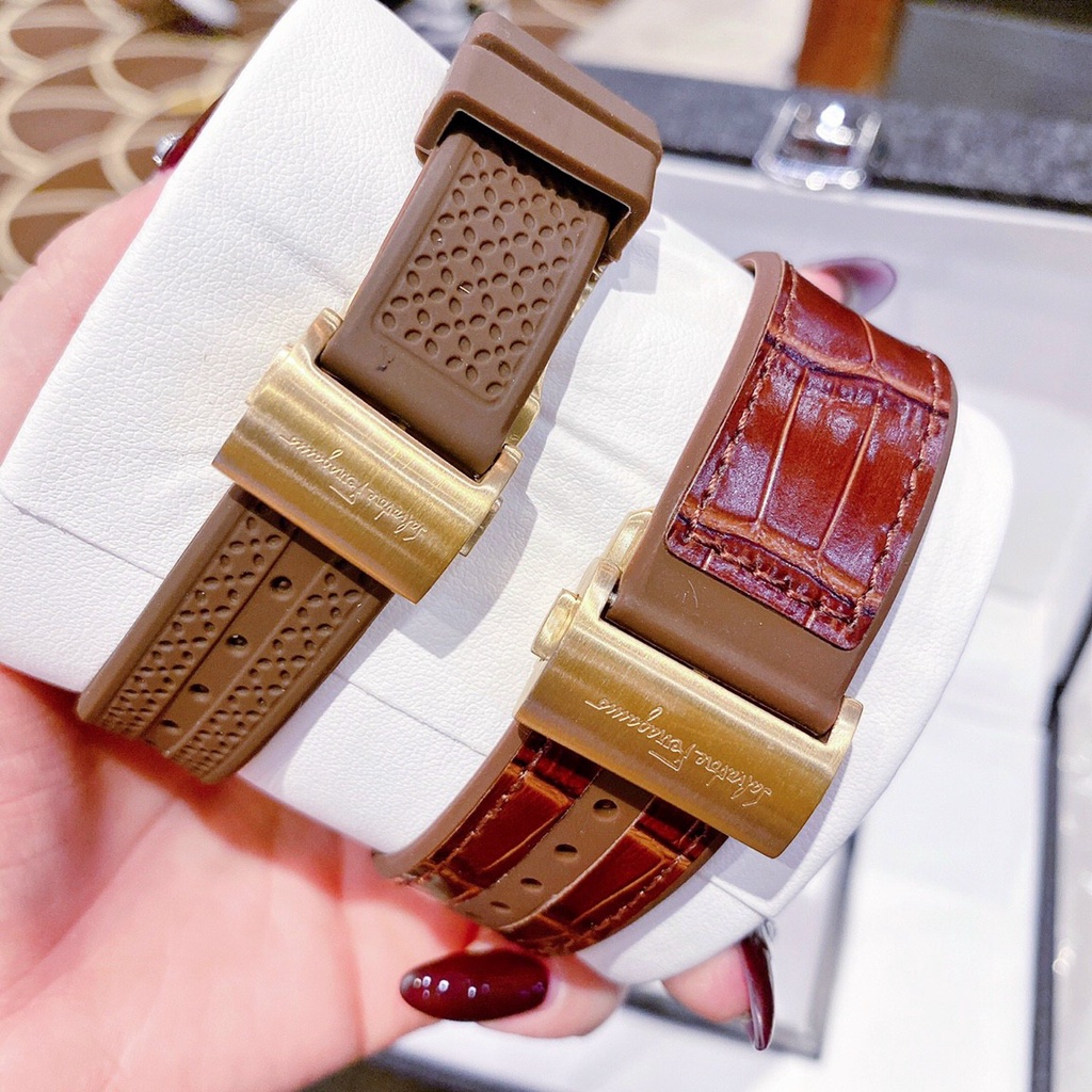 Đồng Hồ Cặp Đôi Nam Nữ Salvatore Ferragamo Dây Da Cao Su Màu Nâu - Size 41mm 33mm - Máy Quartz