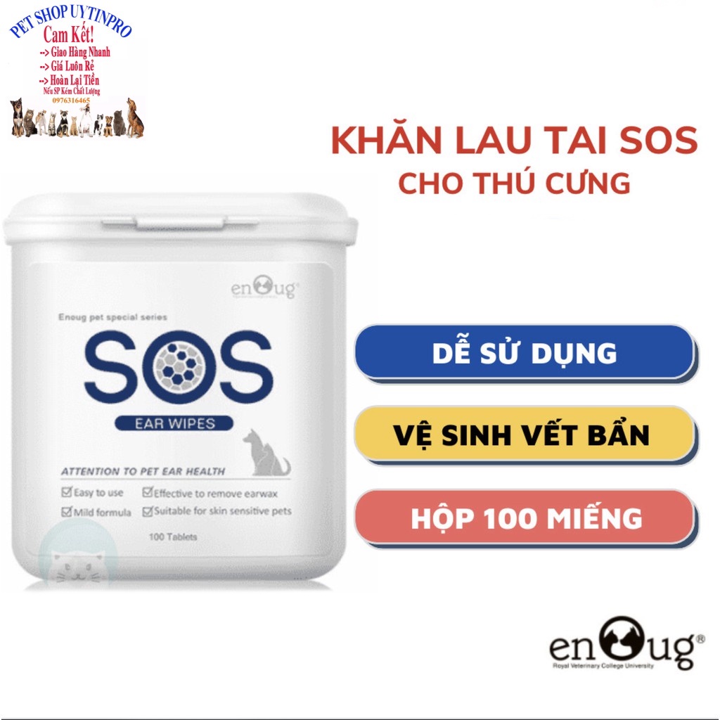 Khăn ướt lau tai cho Chó Mèo SOS Hộp 100 miếng Chống ngứa, giúp làm sạch các chất cặn bẩn và khó chịu ở tai Thú Cưng