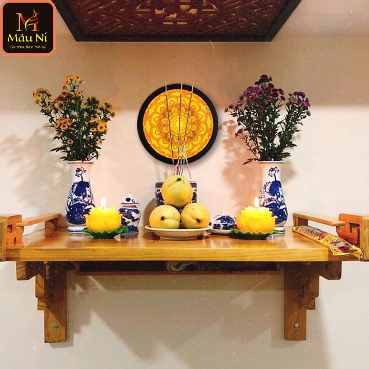 Đẹp -  Sang trọng, ấm cúng HÀO QUANG đường kính 30cm, khung sắt, in tranh trúc chỉ - đèn tượng thờ